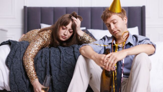 der tag danach- warum as feiern oft seinen preis hat junges pärchen sitzt verkatert auf dem schlafzimmerbett