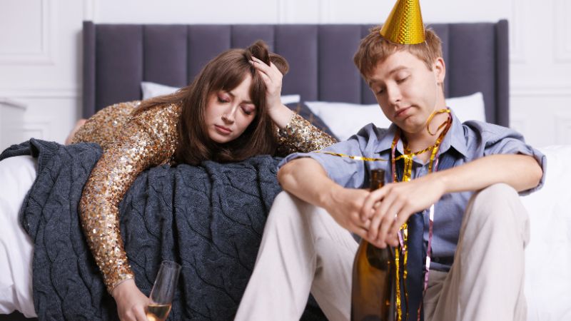 junges pärchen sitzt verkatert auf dem schlafzimmerbett